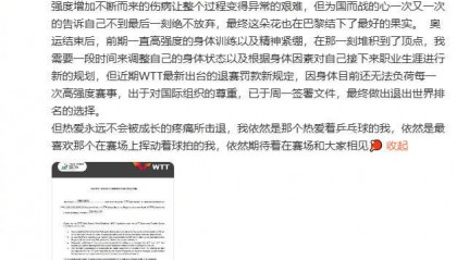 陈梦发文宣布退出世界排名