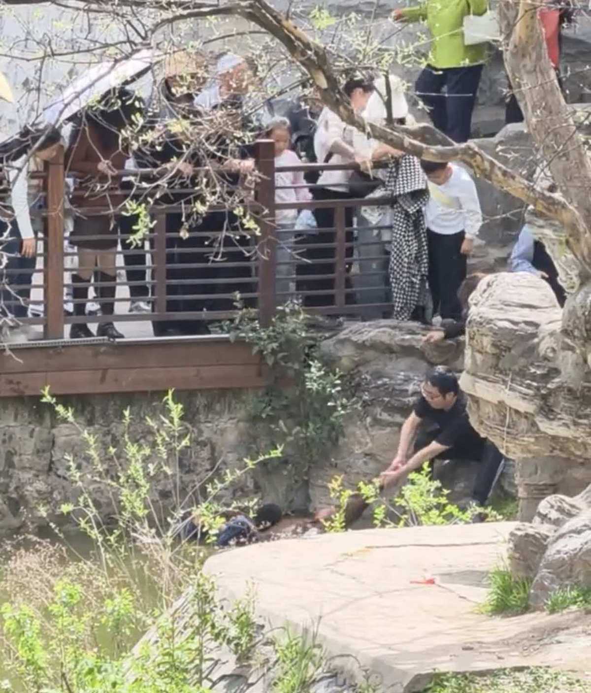 西安一公园小男孩落水，女子下水施救紧紧抱住孩子，游客用衣服将两人拉到岸边，园方回应