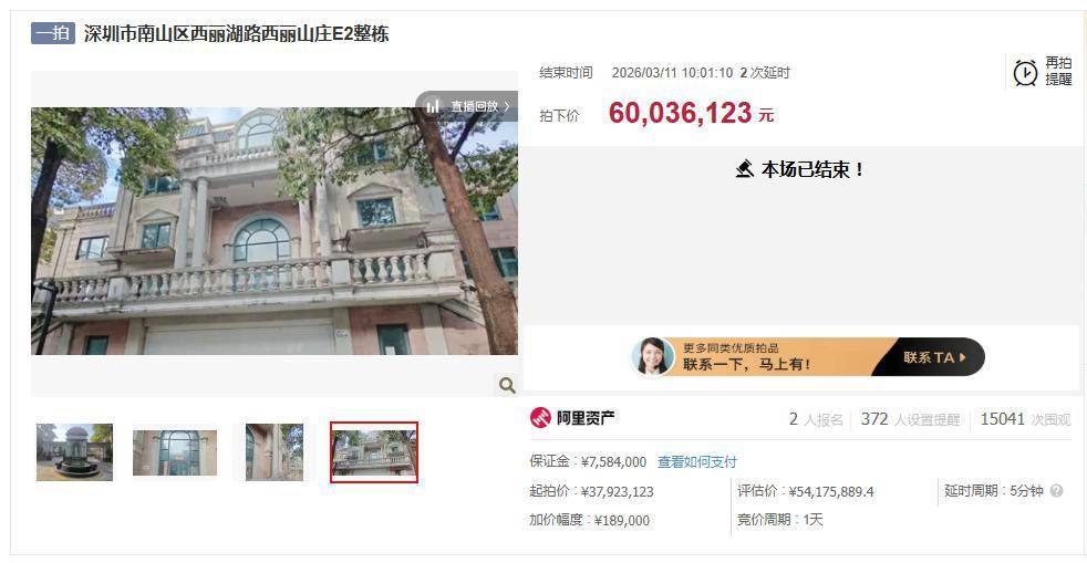 竞拍者叫价6003万元抢到深圳高端别墅后悔拍,758万元保证金打水漂,竞拍时曾一次性加价达2211万元,拍卖方回应